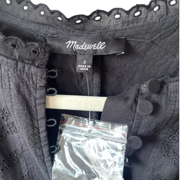 Madewell Eyelet Flutter Sleeve Mini Dress in Cotton in Jet Black Size 2 NWT